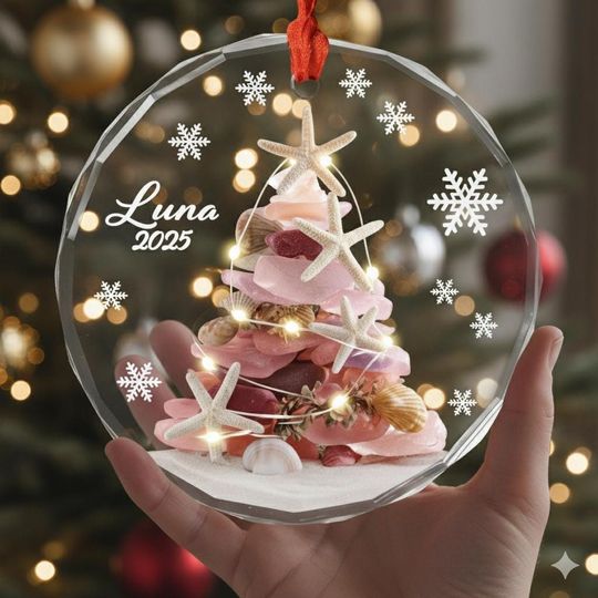 Custom Beach Christmas Ornament, Personalized Ocean Glass Tree Decor, Starfish & Seashell Holiday Ornament, Coastal Christmas Keepsake 2025