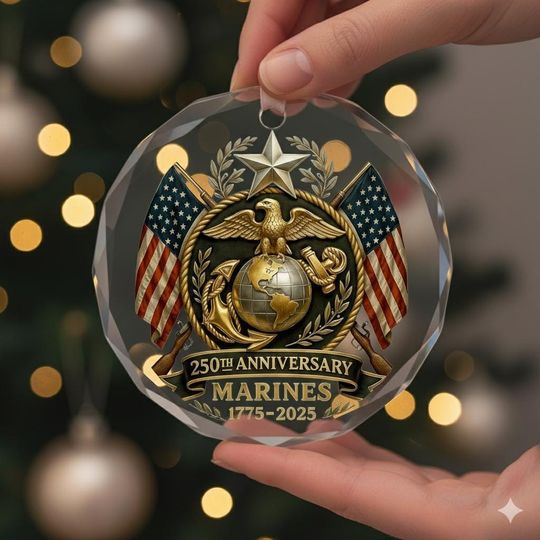 Marine Corps 250th Anniversary Glass Ornament, USMC Eagle Globe Anchor 1775-2025, Semper Fidelis Patriotic Decor