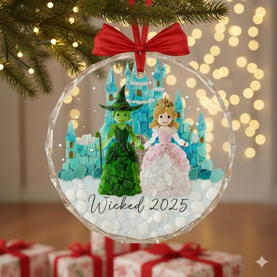 Wicked Bestie Ornament, Personalized Elphaba & Glinda Glass Decor, Musical Friendship Christmas Gift