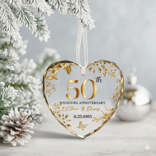 Personalized 50th Wedding Anniversary Glass Heart Ornament, Custom Golden 50th Anniversary Gift for Couple, Keepsake Gift