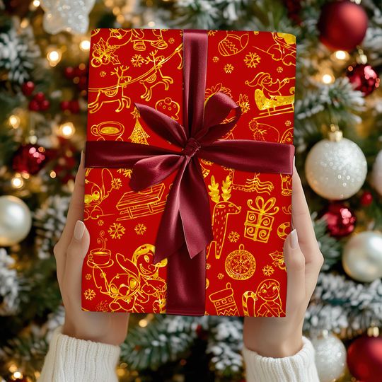 Discover Disneyland Stitch And Lilo Pattern Wrapping Paper, Stitch Lovers Wrapping, Stitch Christmas Tree Gifts, Family Matching Christmas 2025 Paper