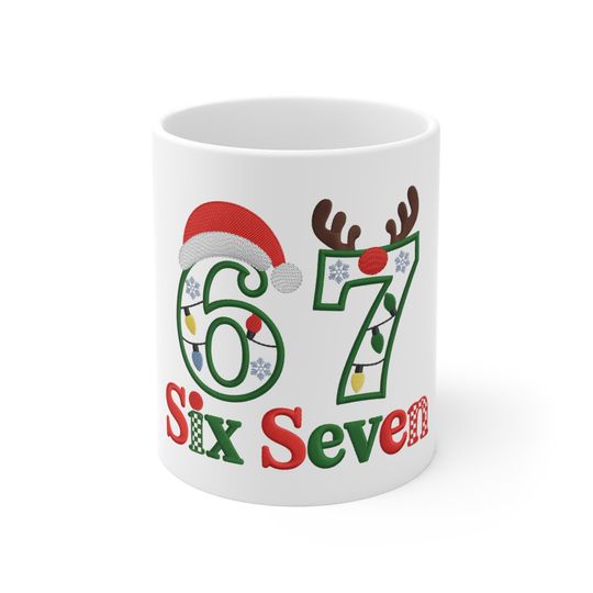Discover 67 Christmas Numbers Mug | Holiday Santa Hat & Reindeer Antlers Design