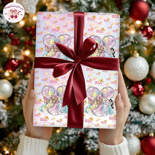 Discover Personalized Watercolor Coquette Bows DisneyPrincess Wrapping Paper,Disneyland Girl Trip Wrapping Gifts,Princess Movie Christmas 2025 Family