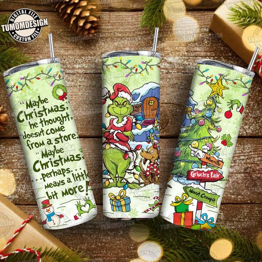 Discover Cute Green Guy Christmas Tumbler Wrap PNG, Christmas Wrap for Holiday Gift Making, Funny Holiday Thief 20oz Skinny Tumbler, Sublimation File