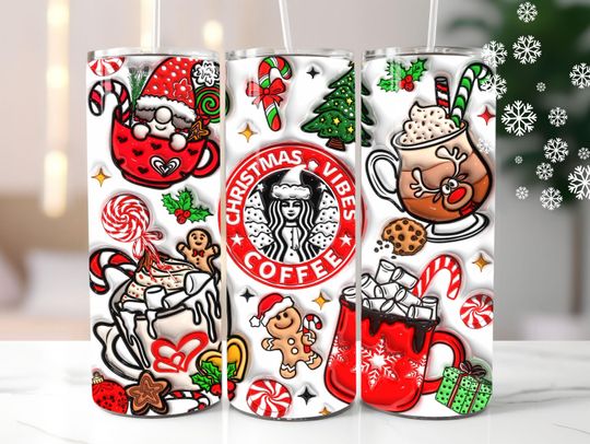 Discover 3D Inflated Red Christmas Vibes Coffee Tumbler Wrap, Puffy Xmas Tumbler Sublimation Design, Christmas Vibes PNG, Coffee Lover Christmas Gift