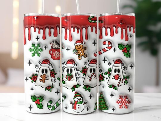 Discover Cute Christmas Ghost Tumbler Wrap, 20oz Skinny Tumbler Sublimation Design, Gingerbread Tumbler Wrap, Hot Cocoa, Merry Christmas, Snowflake