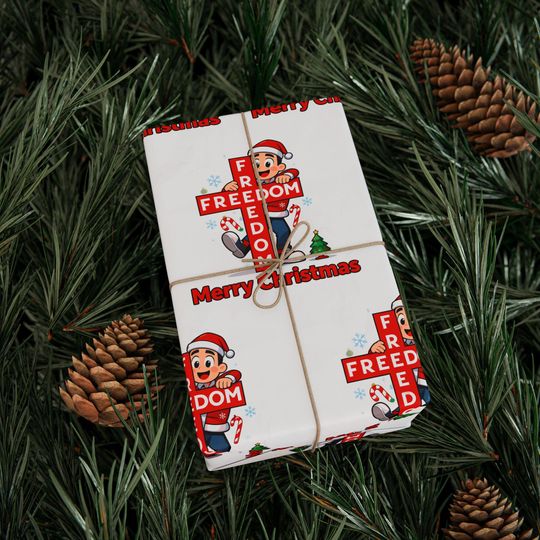 Discover Freedom Cross Cartoon Charlie Kirk Merry Christmas Wrapping Papers | Political Patriotic Gift Wrap Christmas Holiday