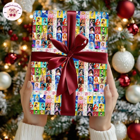 Retro Coquette Bows DisneyPrincess Wrapping Paper, Disneyland Girl Trip Wrapping Gifts, Princess Movie Characters Christmas 2025 Matching