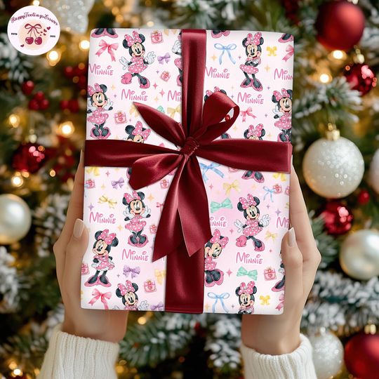 Discover Disneyland Custom Mickey And Friends Watercolor Coquette Bow Christmas Wrapping Paper,Minnie Mouse Wrapping Gifts,Family Matching Xmas 2025