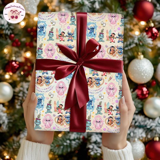 Discover Disneyland Stitch And Lilo Coquette Bows Wrapping Paper, Watercolor Disneygirl Wrapping, Stitch Angel Gifts, 2025 Family Matching Christmas