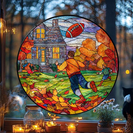 Discover Thanksgiving Football Stained Glass Suncatcher, Autumn Family Sports Decor