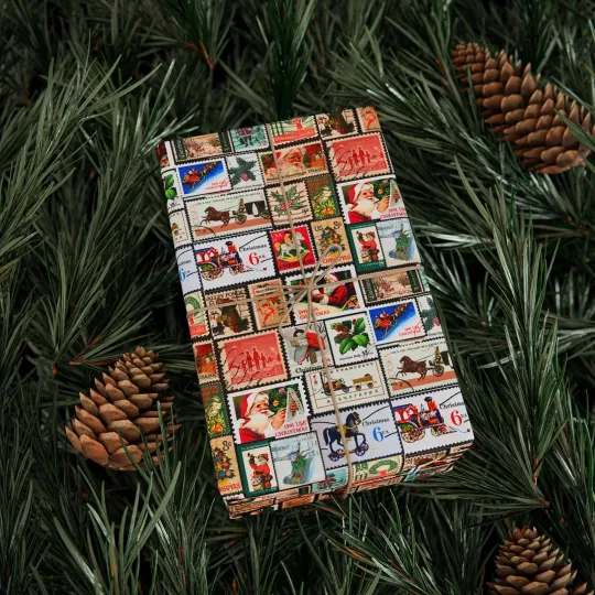 Discover Retro Christmas US Postage Stamps Wrapping Paper - Gift Wrap with Classic Stamps