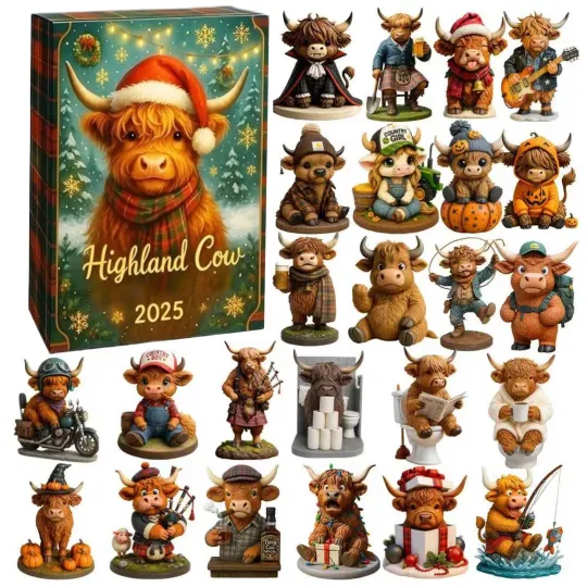 Discover 2025 Christmas Highland Cattle Advent Calendar 3D Cattle Figurine for Kids
