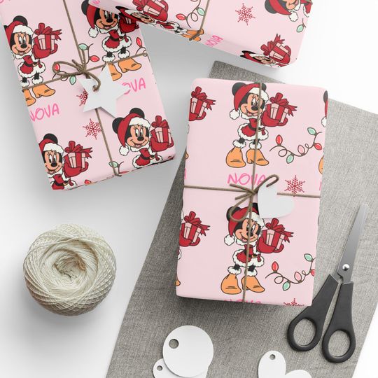 Discover Minnie Santa pattern Wrapping Paper | Pink holiday gift wrap | Christmas character paper