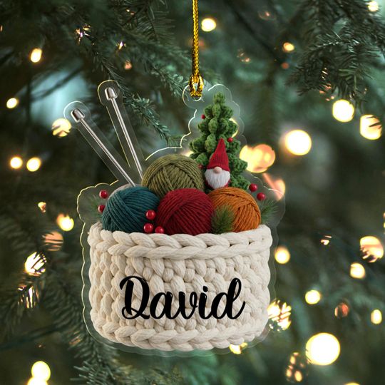 Discover Personalized Knitting Basket Christmas Acrylic Ornament, 2D Flat Acrylic Yarn Decor