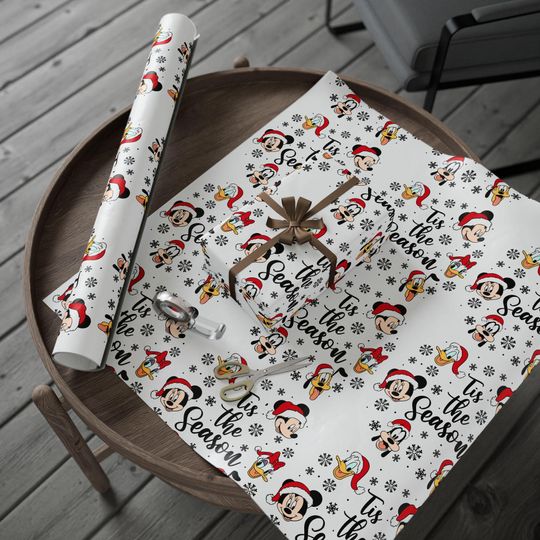 Discover Christmas Disney Characters Wrapping Paper | Holiday Santa hats, snowflakes,Disney