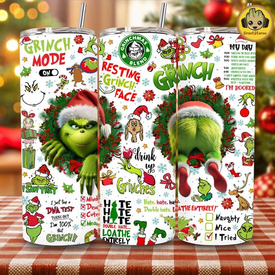 Discover Cute Green Guy Christmas Tumbler Wrap Png, Funny Holiday Thief 20oz Skinny Png, Christmas Character Sublimation Wrap For Holiday Gift