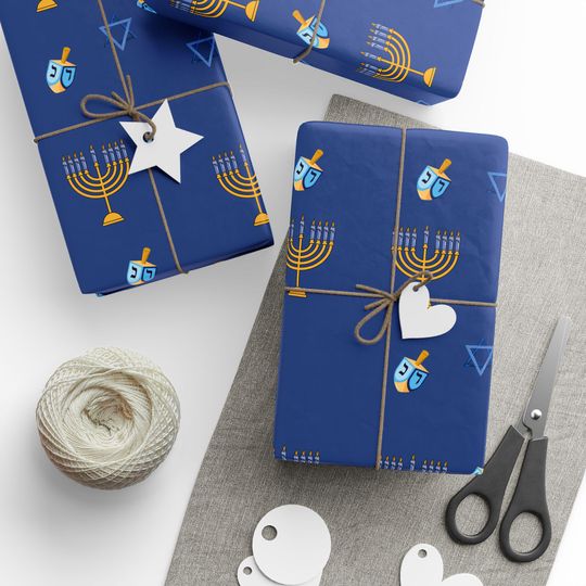 Menorah Dreidel Pattern Wrapping Papers | Hanukkah Blue Gold Holiday Paper