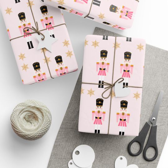 Discover Nutcracker Soldiers Wrapping Paper | Holiday Gift Wrap Roll, Pink Gold Stars