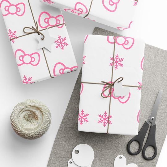 Hello Kitty Bow & Snowflakes Wrapping Paper | Holiday Floral Pattern