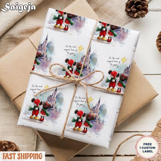 Discover Disney Mickey and Friends Wrapping Paper, Vintage Christmas Movie Holiday Gift, Wrap Kids Mickey Minnie Disney Christmas Gifts