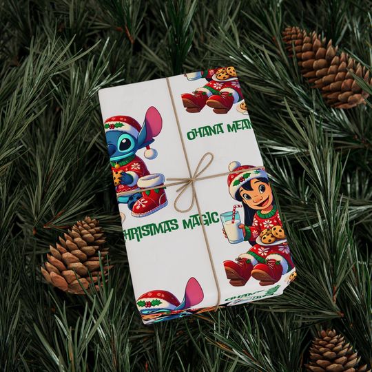 Discover Christmas Wrapping Paper, Lilo & Stitch Tropical Island Holiday Gift Wrap, Ohana Means Christmas Magic, Palm Trees, Hibiscus Flowers,