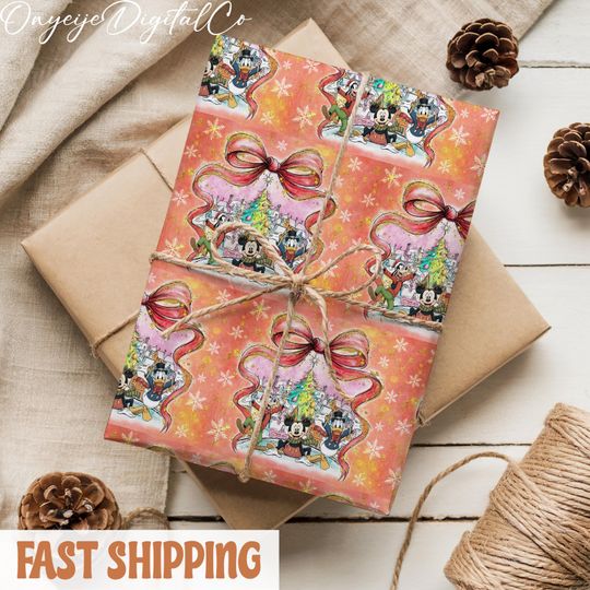 Discover Coquette Christmas Disney Wrapping Paper, Mickey And Friends Holiday Gift Wrap, Xmas Presents Packaging