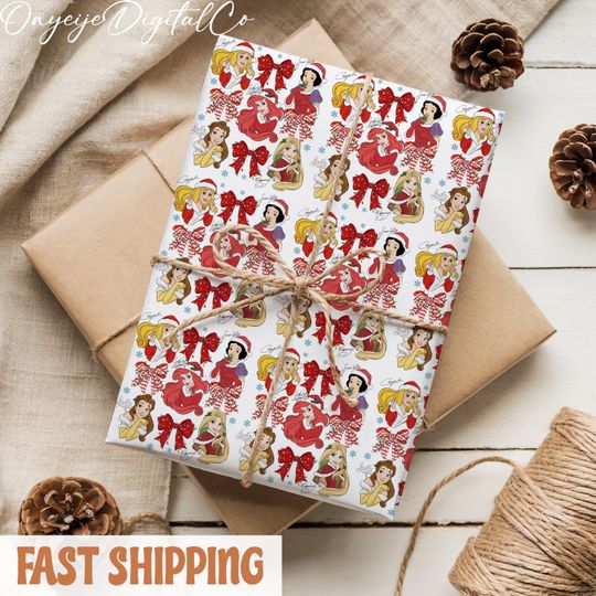 Discover Christmas Disney Wrapping Paper,  Disney Princess Gift Wrap, Xmas Presents Packaging, Belle Rapunzel Tiana Ariel Elsa