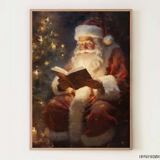 Discover Santa Reading by the Tree Poster  Classic Vintage Christmas Wall Art