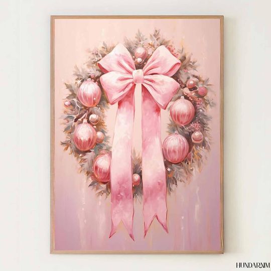 Discover Pink Christmas Wreath Poster  Elegant Pastel Holiday Wall Art