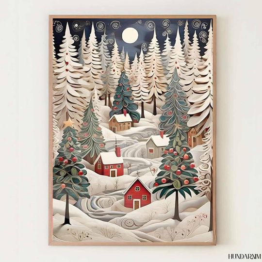 Discover Winter Village Forest Poster  Scandinavian Paper-Cut Style Christmas Art