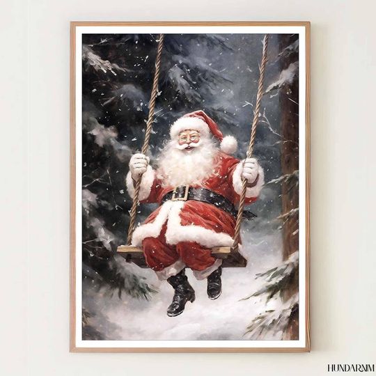 Santa on Swing Winter Forest Poster