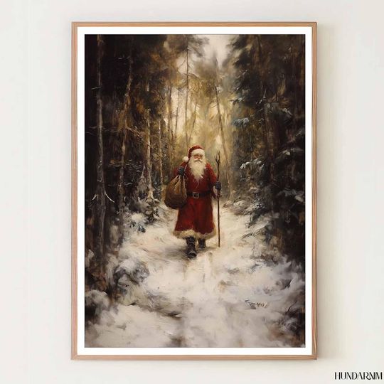Discover Santa Walking in the Forest Poster  Rustic Winter Christmas Wall Art