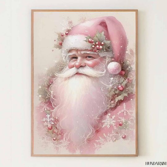Discover Pink Santa Portrait Poster  Cute Pastel Christmas Wall Art