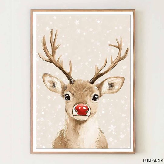 Discover Cute Red-Nose Reindeer Poster  Minimal Christmas Wall Art