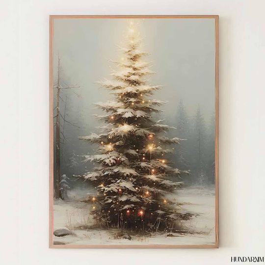 Snowy Christmas Tree Poster - Glowing Winter Forest Wall Art