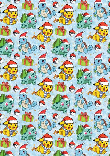 PKM Christmas Wrapping Paper - Pika Christmas Gift Wrap - Charmander Wrapping Paper - Psuduck - Eevee - Blastoise - Gengar - Squirtle