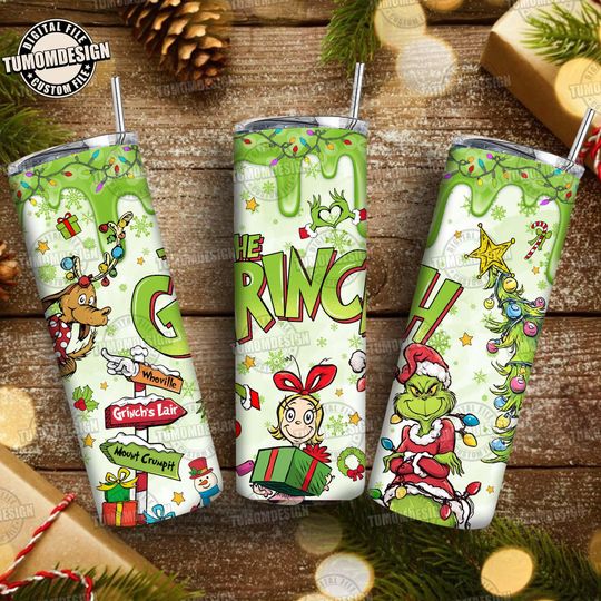 Discover Cute Green Guy Christmas Tumbler Wrap PNG, Funny Holiday Thief 20oz Skinny Tumbler PNG, Christmas for Holiday Gift Making, Sublimation File