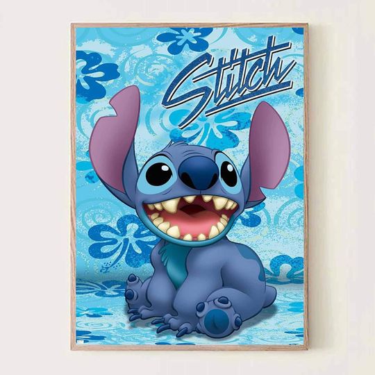 Cute Stitch Cartoon Poster, Blue Alien Wall Art for Whimsical Room Decor