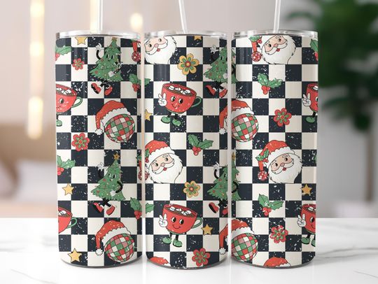 Discover Retro Checkered Christmas Tumbler Wrap, 20oz Skinny Tumbler Sublimation Design, Santa Claus Tumbler Wrap, Merry Christmas, Seamless Design