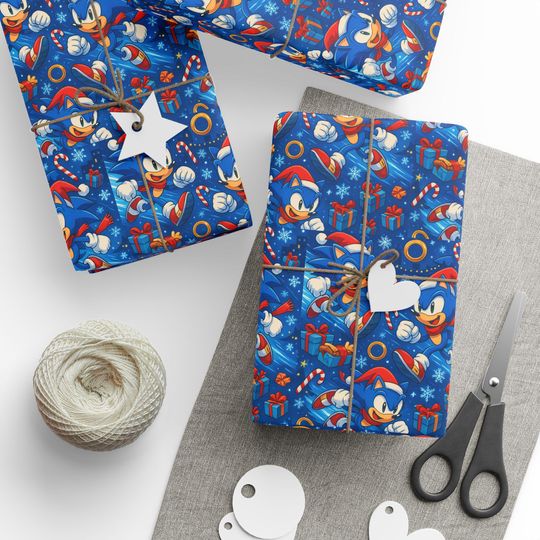 Discover Sonic Christmas Wrapping Paper, Blue Hedgehog Xmas Holiday Gift Wrap Roll, Video Game Gamer Decor, Festive Party Supplies, Retro Gaming