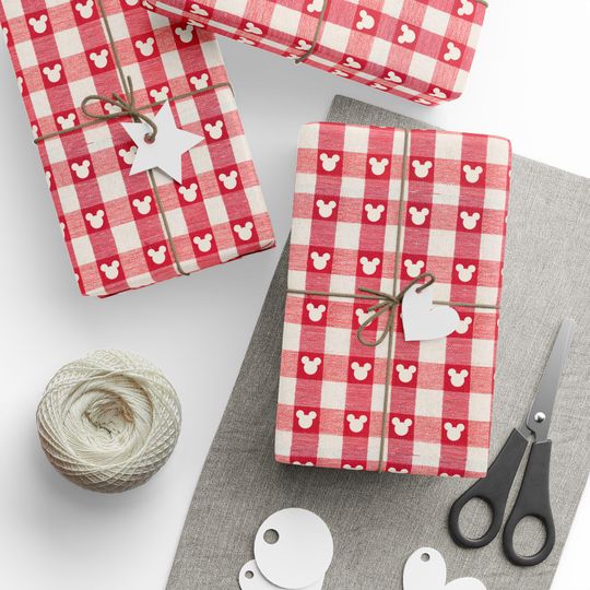 Discover Mickey Christmas Wrapping Paper: Disney Red Gingham Mouse Gift Wrap