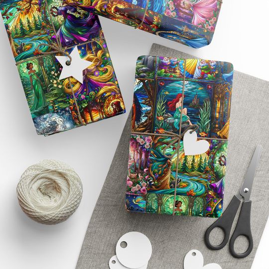 Discover princess stained glass collage wrapping paper, holiday gift wrap, princess gift wrap, christmas wrapping paper, disney gift wrapping paper