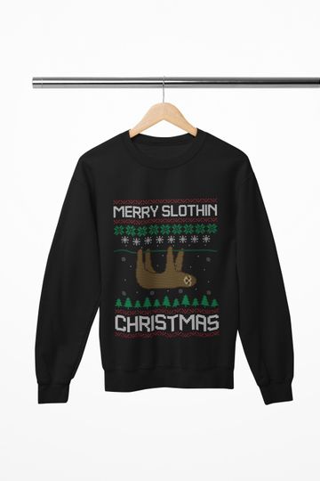 Discover Merry Slothin Christmas Sweatshirt, Funny Holiday Sloth Crewneck, Unisex Xmas Cozy Animal Lover Gift