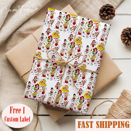 Discover Christmas Disney Princess Wrapping Paper, Disney Princess Gift Wrap, Xmas Presents Packaging, Belle Rapunzel Tiana Ariel Els.a