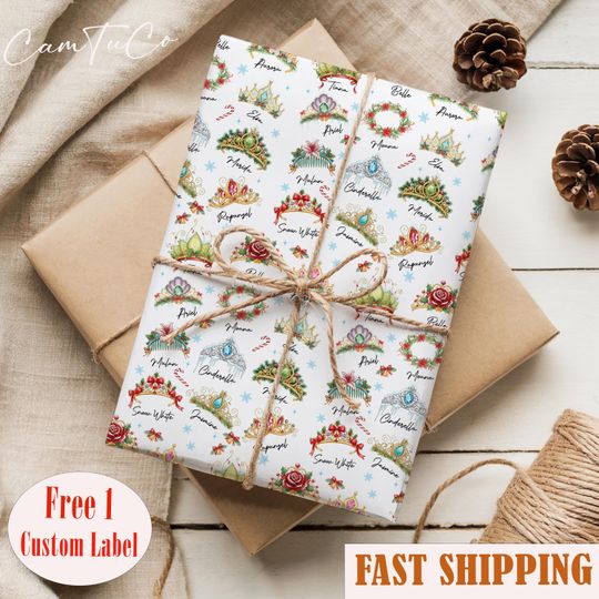 Discover Christmas Princess Crown Wrapping Paper, Disney Princess Gift Wrap, Xmas Presents Packaging, Belle Rapunzel Tiana Ariel Els.a