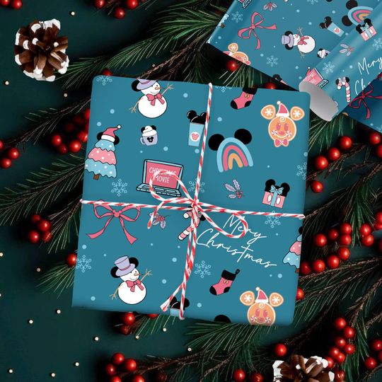 Discover Mickey Mouse Snowman Cupcake Rainbow Wrapping Paper, Disney Christmas Movie Gift Wrap, Cute Holiday Present Wrap for Kids & Disney Fans