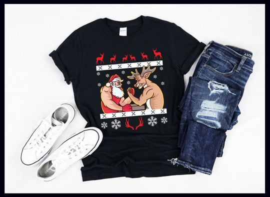 Discover Arm Wrestling Christmas Sweater Santa Claus Reindeer | Holiday Tee