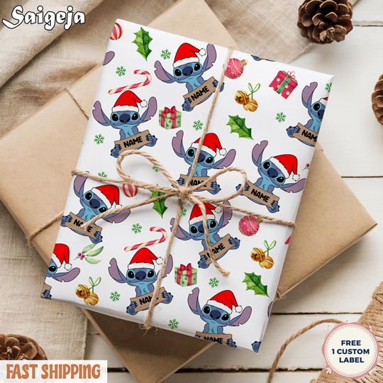 Discover Personalised Disney Stitch Christmas Wrapping Paper, Lilo and Stitch Gift Wrap, Stitch and Angel, Stitch Christmas