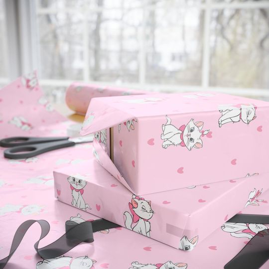 Discover Marie Cat Wrapping Paper | Pink Disney Gift Wrap with Hearts | The Aristocats Birthday Paper | Cute Girly Kitty Packaging